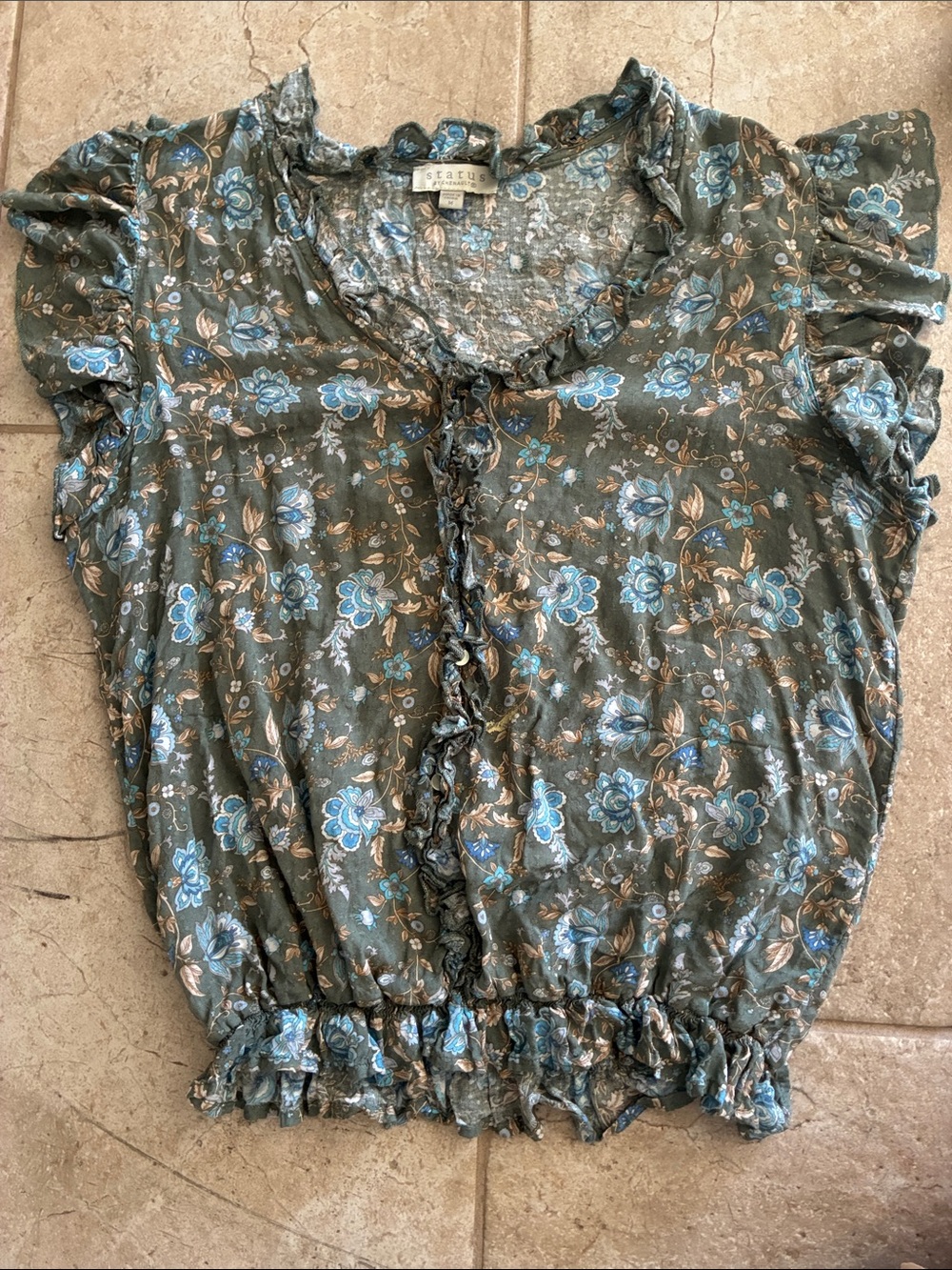 Chenault Olive Green Floral Ruffle Sleeve Blouse